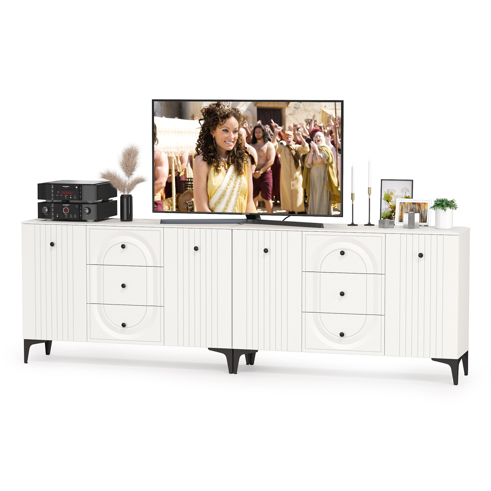 

Два Комода Mobi Валенсия можно использовать как ТВ-тумбу белый шагрень, 266х38х87,5 см, 2х13.309