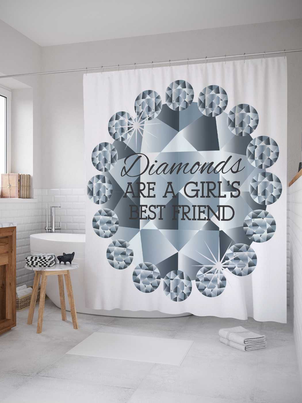 

Штора для ванной JoyArty "Лучшие друзья девушек" из сатена, 180х200 см с крючками