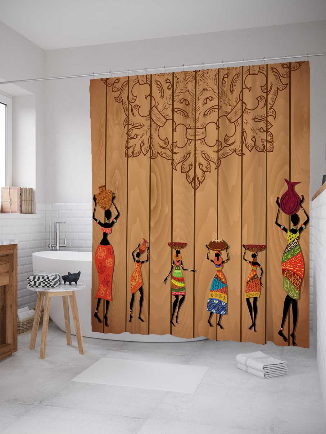 

Штора для ванной JoyArty "Корзины на головах" из сатена, 180х200 см с крючками, Коричневый