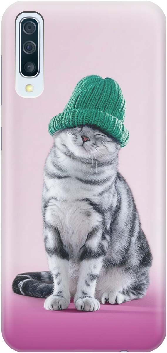 Чехол на Samsung Galaxy A50/A50s/A30s "Кот в зеленой шапке", Розовый;серый, 387