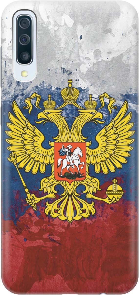 

Чехол на Samsung Galaxy A50/A50s/A30s "Герб и Флаг РФ", Голубой;желтый, 387