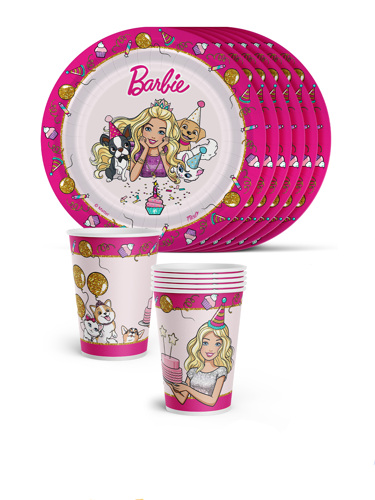 фото Набор бумажной посуды для пикника и праздника priority barbie, 6 тарелок, 6 стаканов