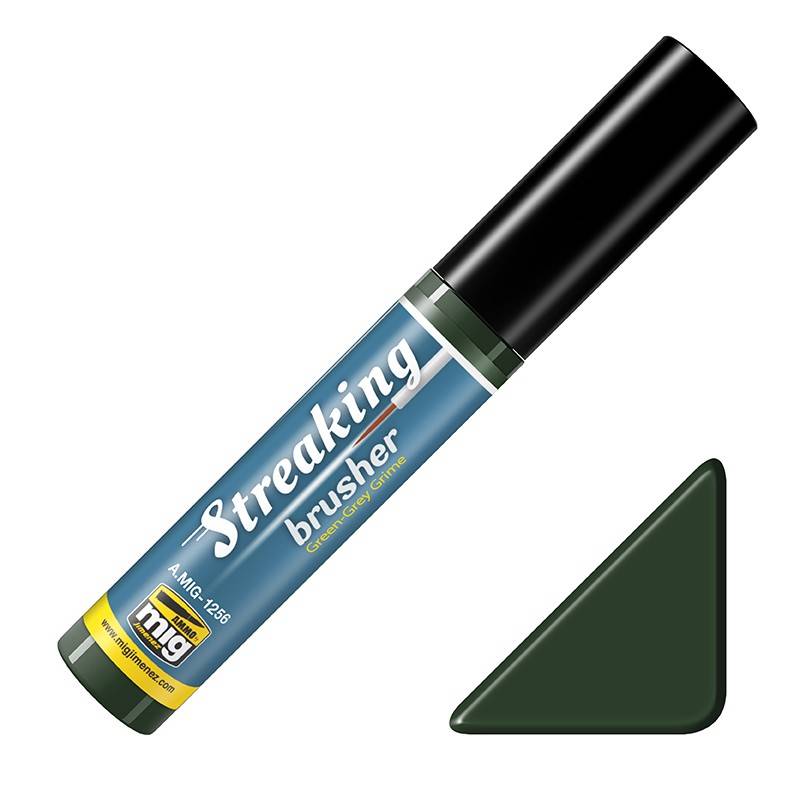 фото Краска с тонкой кистью аппликатором ammo mig streakingbrusher green-grey grime amig1256