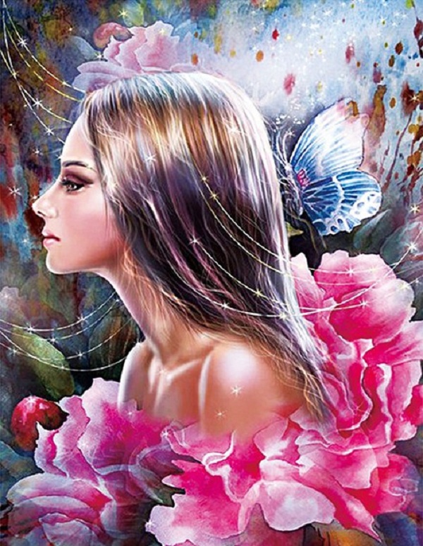 Алмазная мозаика DVEKARTINKI Девушка в нежных цветах и бабочка 30x40 на подрамнике