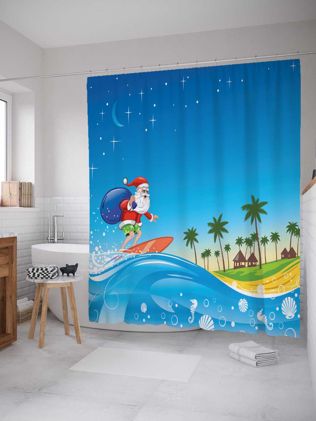 

Штора (занавеска) для ванной JoyArty "Санта серфер" из сатена, 180х200 см с крючками, Белый