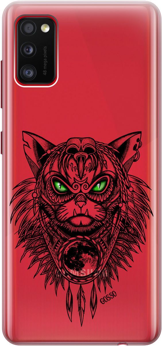 

Силиконовый чехол на Samsung Galaxy A41 с 3D принтом "Shaman Cat" прозрачный, Прозрачный;черный, 684