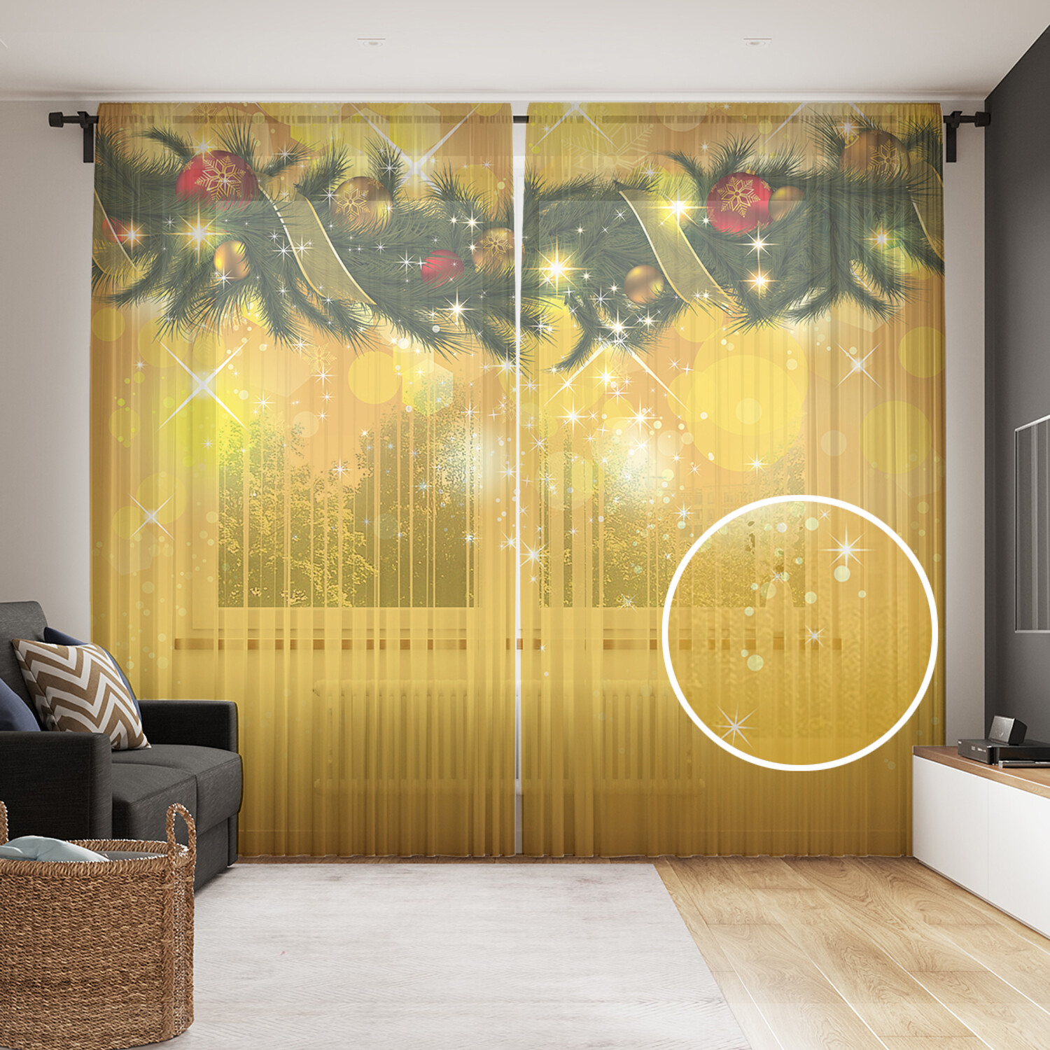 

Тюль для кухни и спальни JoyArty "Праздничное украшение" 290x265 см, Праздничное украшение