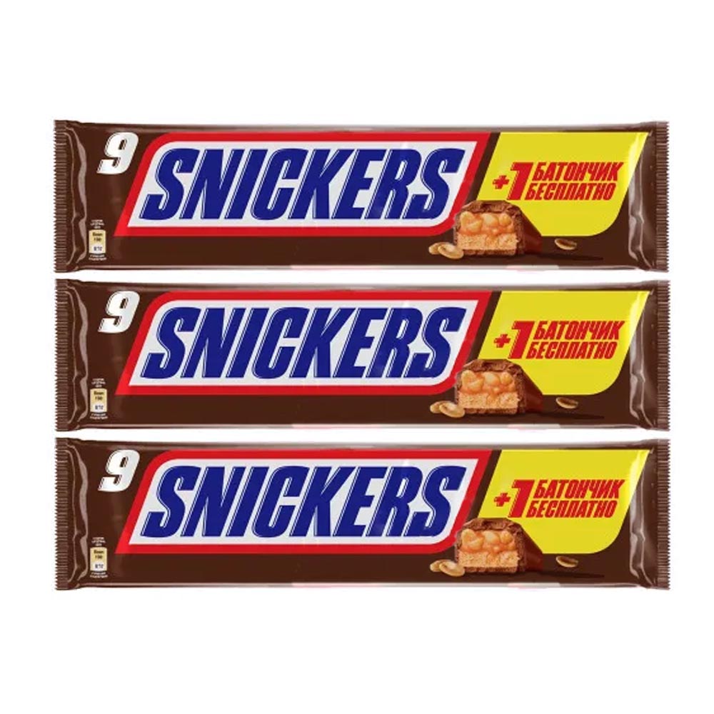 Шоколадный батончик Snickers, Молочный шоколад, Арахис, Гиперпак, 9*40г*3шт