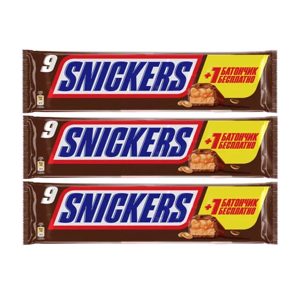 фото Шоколадный батончик snickers, молочный шоколад, арахис, гиперпак, 9*40г*3шт