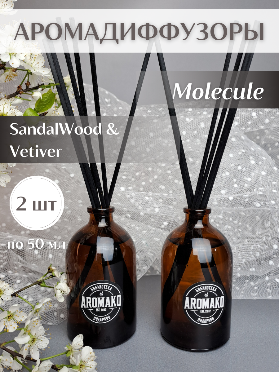 Аромадиффузоры с палочками AROMAKO Sandal&Vetiver,Molecule 2 шт по 50 мл