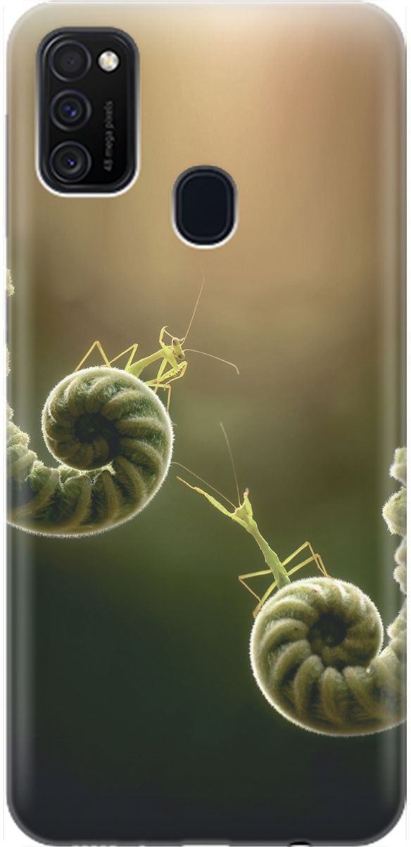 

Силиконовый чехол на Samsung Galaxy M21/M30s с принтом "Пара богомолов", Бежевый;зеленый, 1555