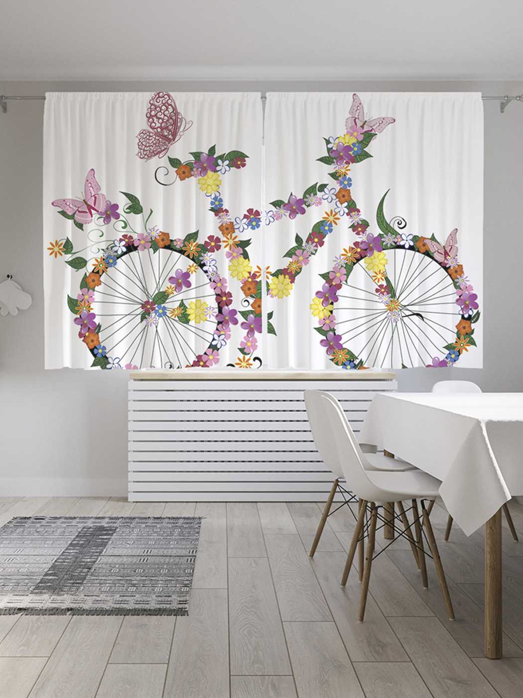 фото Шторы с фотопечатью joyarty "цветочный велосипед с бабочками" из сатена, 290х180 см