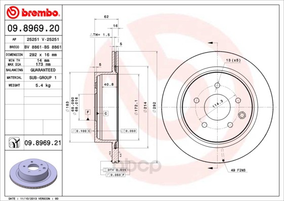 

Тормозной диск brembo задний для Nissan Qashqai, X-Trail/Renault Koleos d=292 мм. 09896921