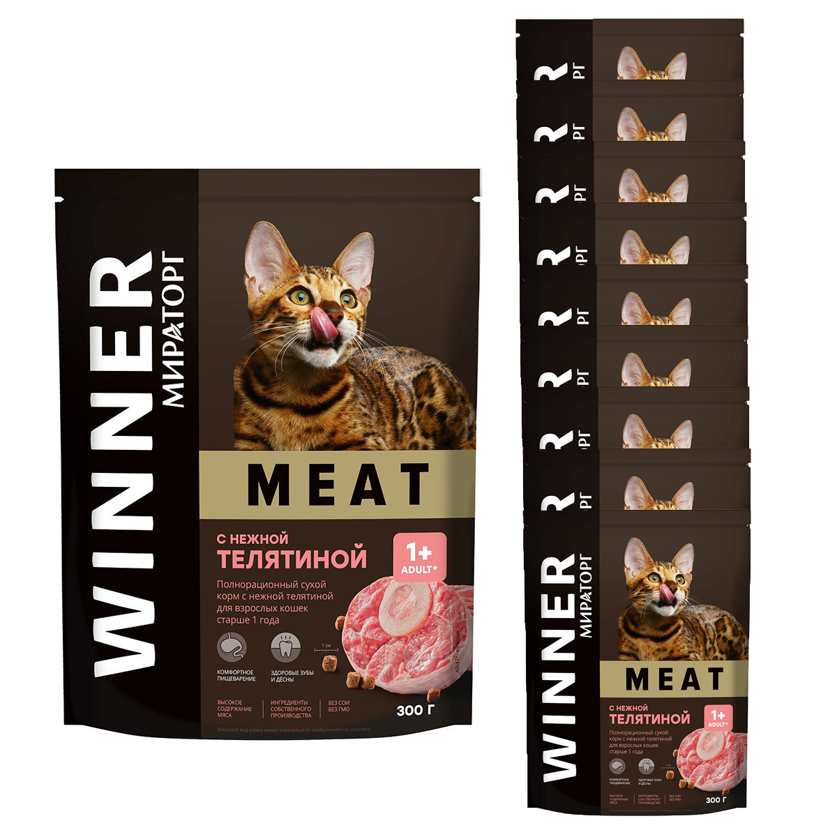 

Сухой корм для кошек Winner Meat, телятина, 10шт по 300г