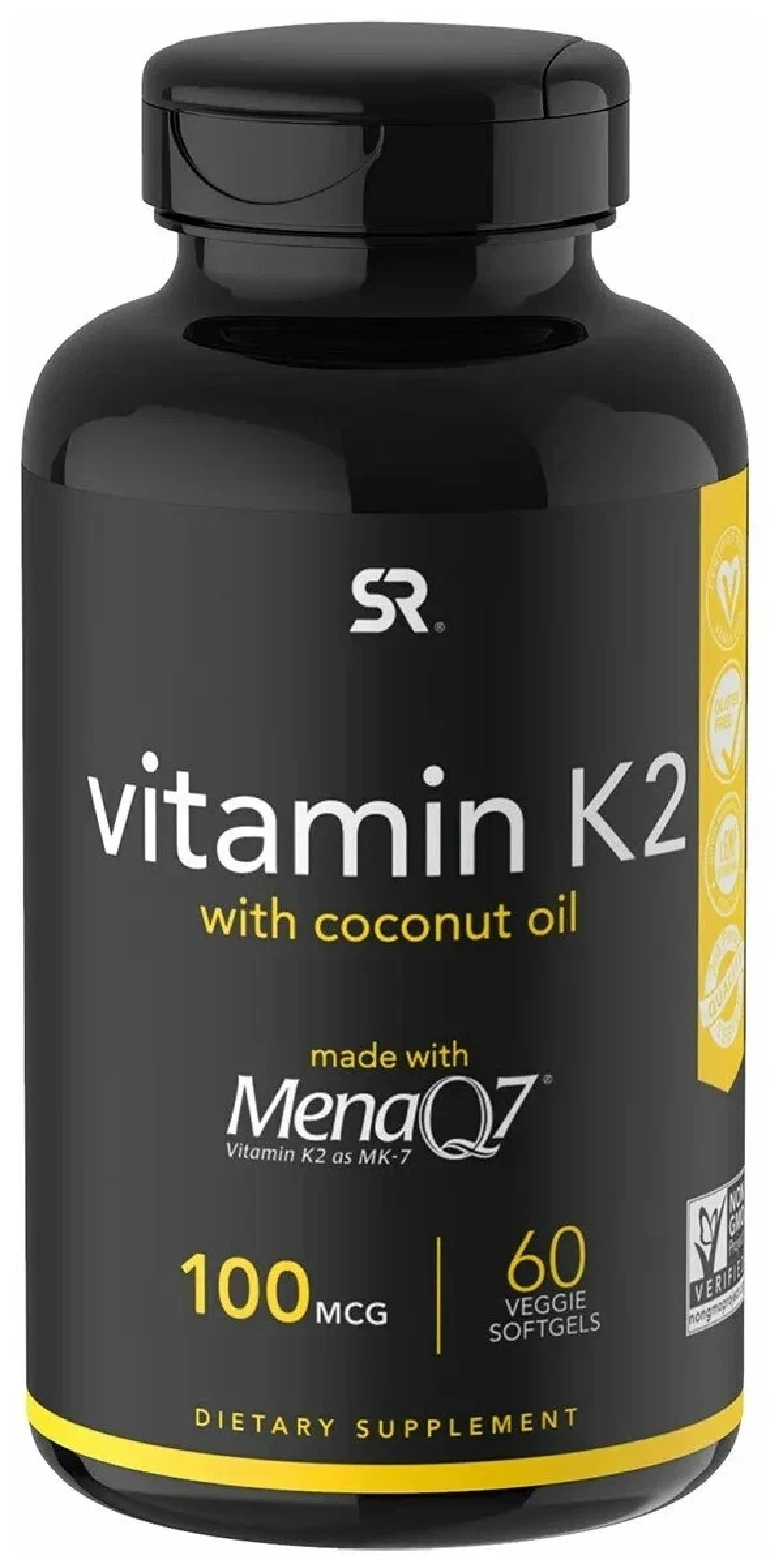 Витамин К2 Sports Research Vitamin K2 с кокосовым маслом Mena Q7, 100 мкг, 60 капсул