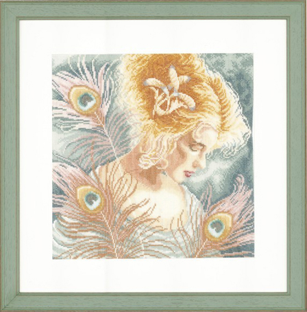 фото Набор для вышивания на льне lanarte "young woman with peacock feathers", арт.pn 0148264