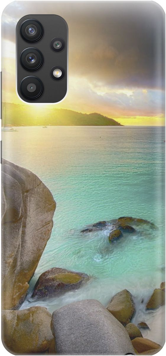 

Чехол на Samsung Galaxy A32 с принтом "Закат на каменистом берегу", Бирюзовый;желтый, 2295