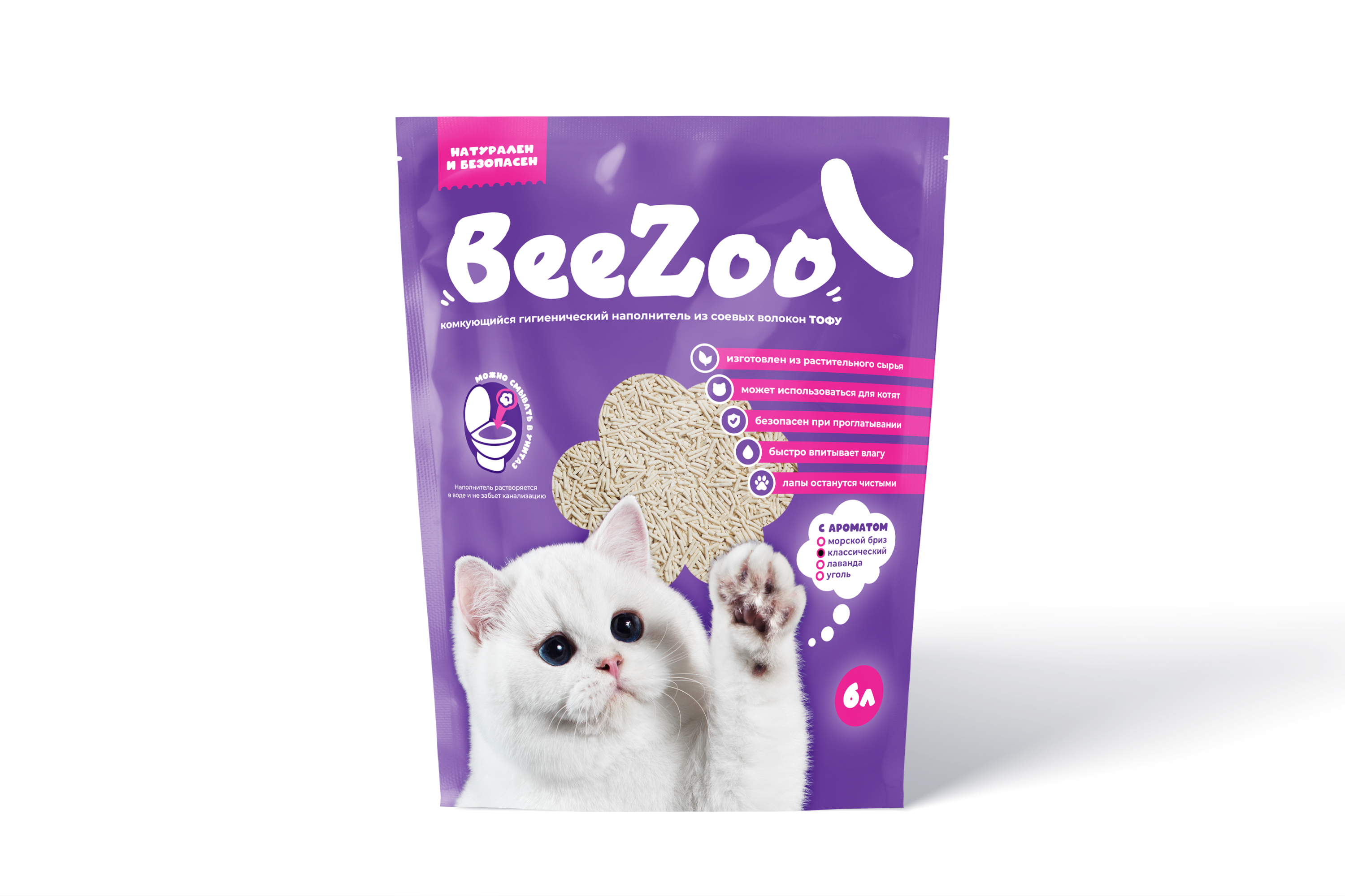 Впитывающий наполнитель BeeZoo растительный, классический, 6 л