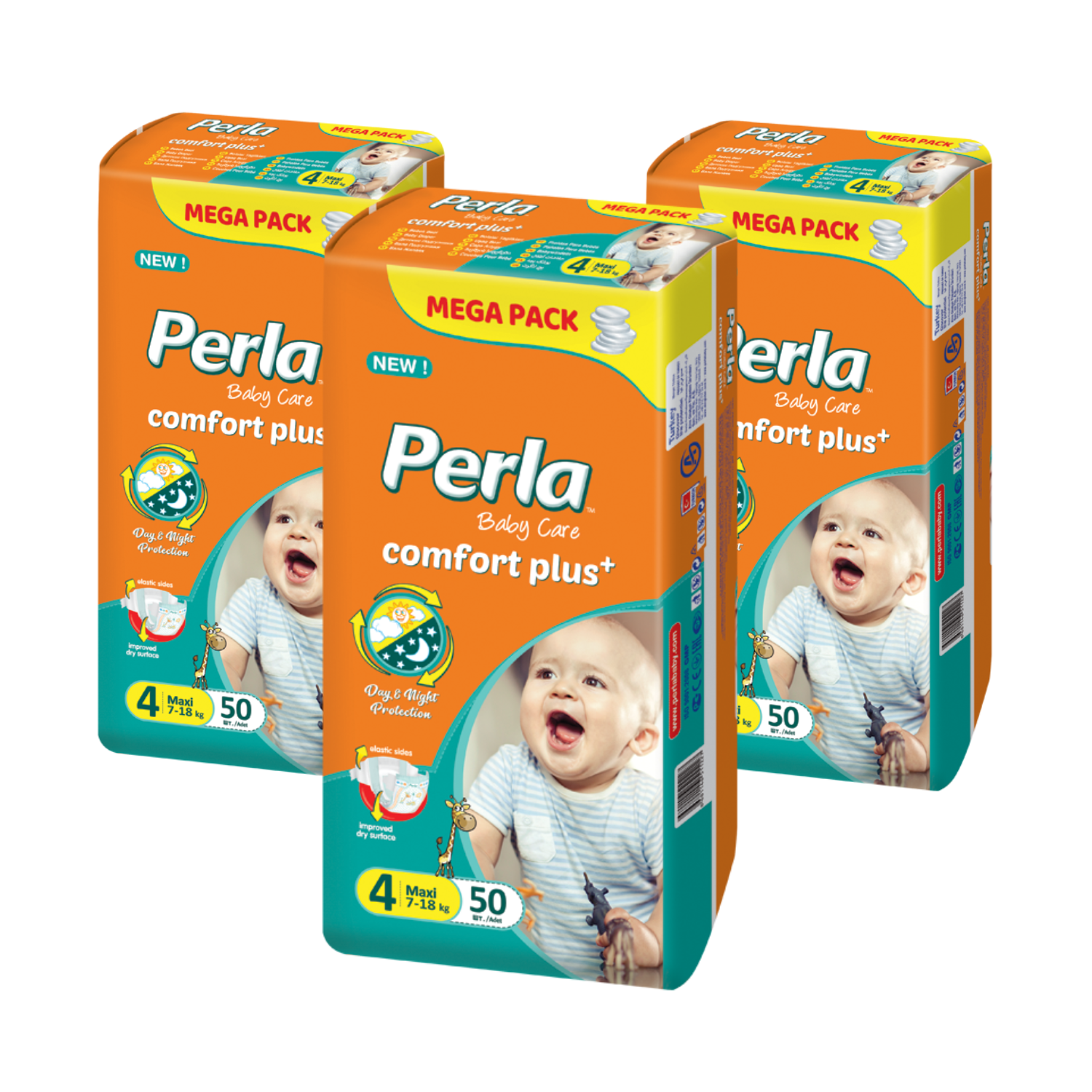 фото Комплект подгузники perla baby mega maxi, 7-18 кг., 4 размер, 3 шт.