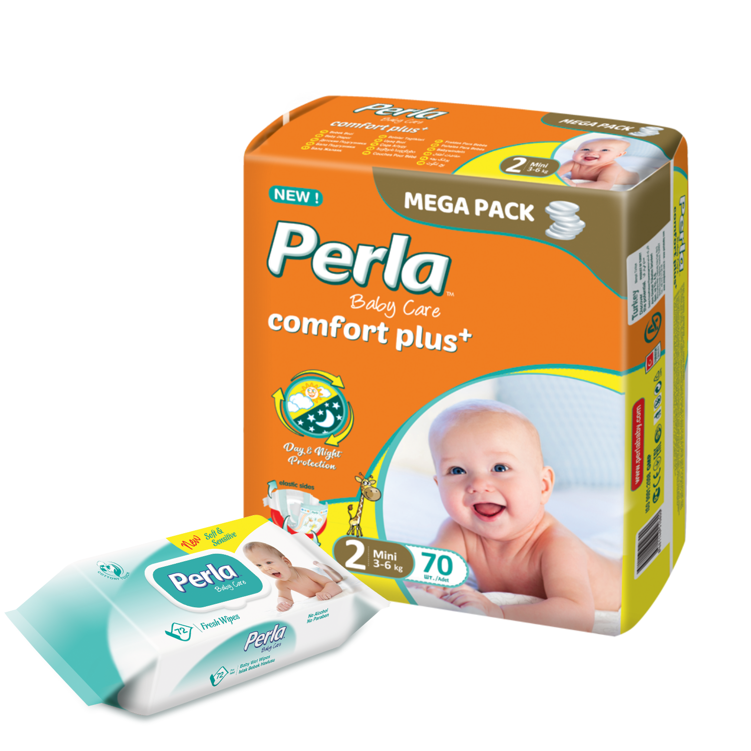 

Комплект подгузники Perla Baby Mega Mini, 3-6 кг., салфетки, 72 шт.