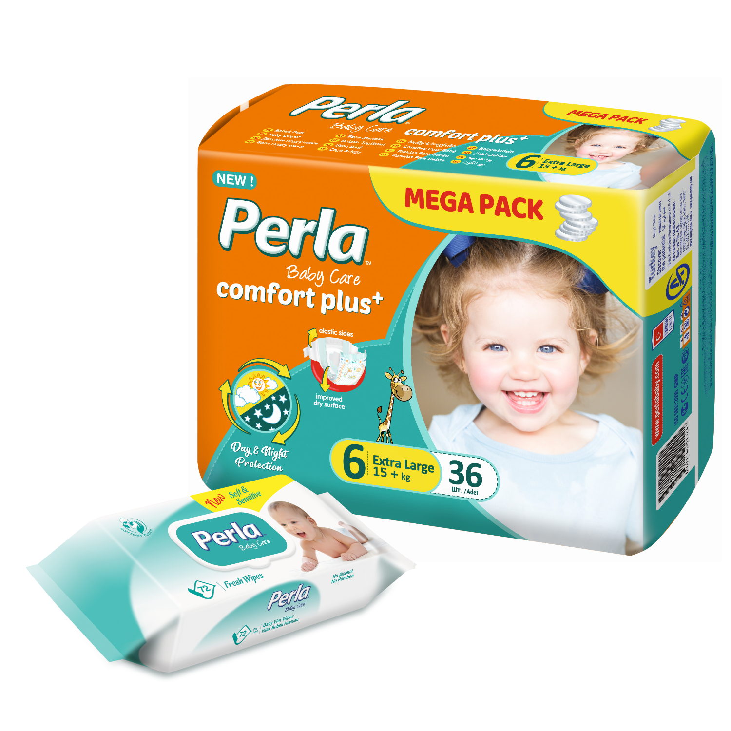 

Комплект подгузники Perla Baby Mega Extra Large, 15 кг., влажные салфетки, 72 шт.