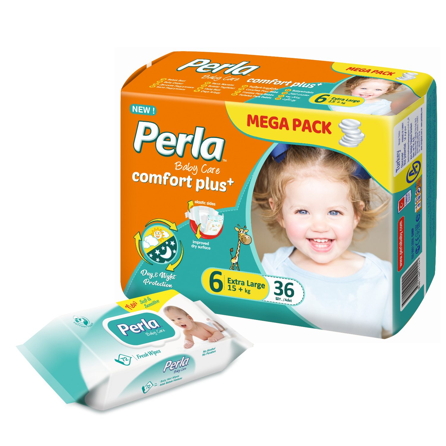 Комплект подгузники Perla Baby Mega Extra Large, 15 кг., влажные салфетки, 72 шт.