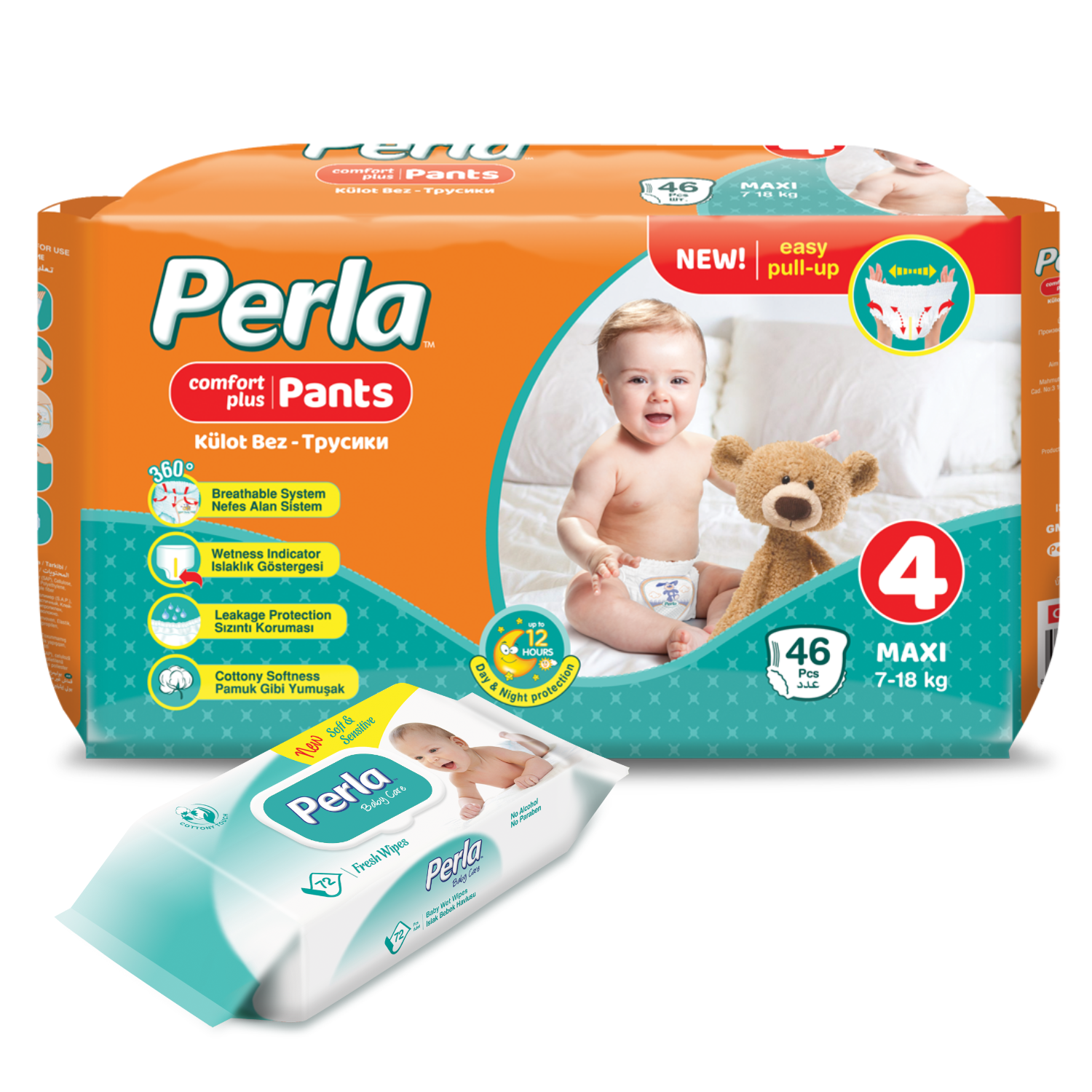 Комплект подгузники трусики Perla Baby Pants Maxi, 7-18 кг., влажные салфетки, 72 шт.