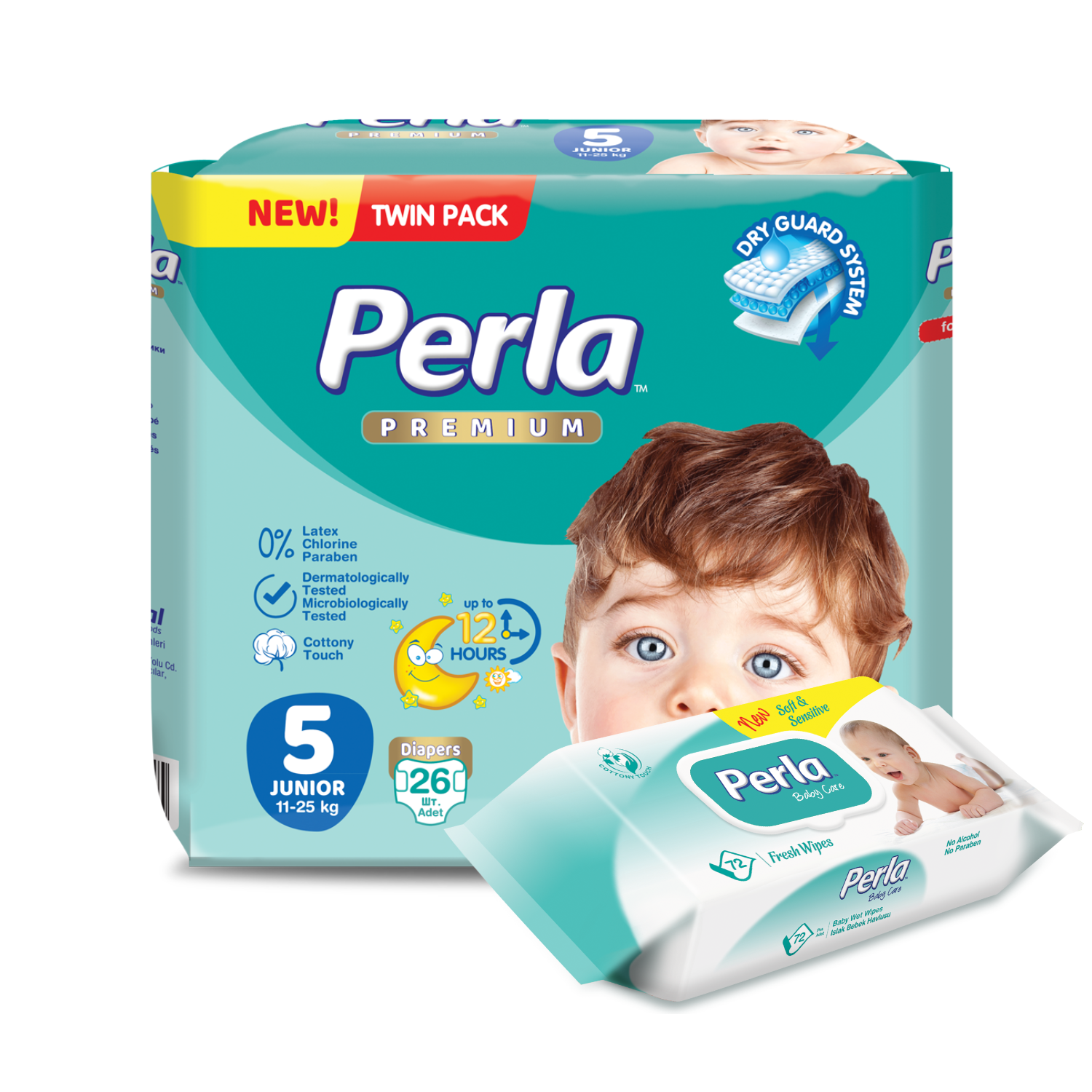 Комплект подгузники Perla Baby Twin Junior, 11-25 кг., влажные салфетки, 72 шт.