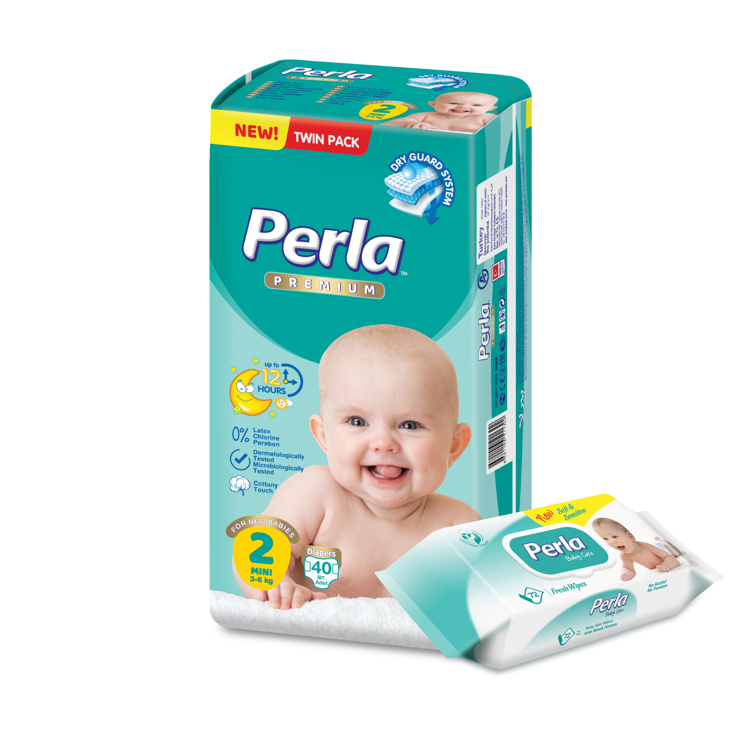 фото Комплект подгузники perla baby twin mini, 3-6 кг., салфетки, 72 шт.