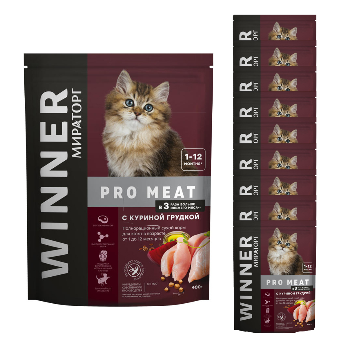 фото Сухой корм для кошек winner pro meat , курица, 10шт, 0.4кг