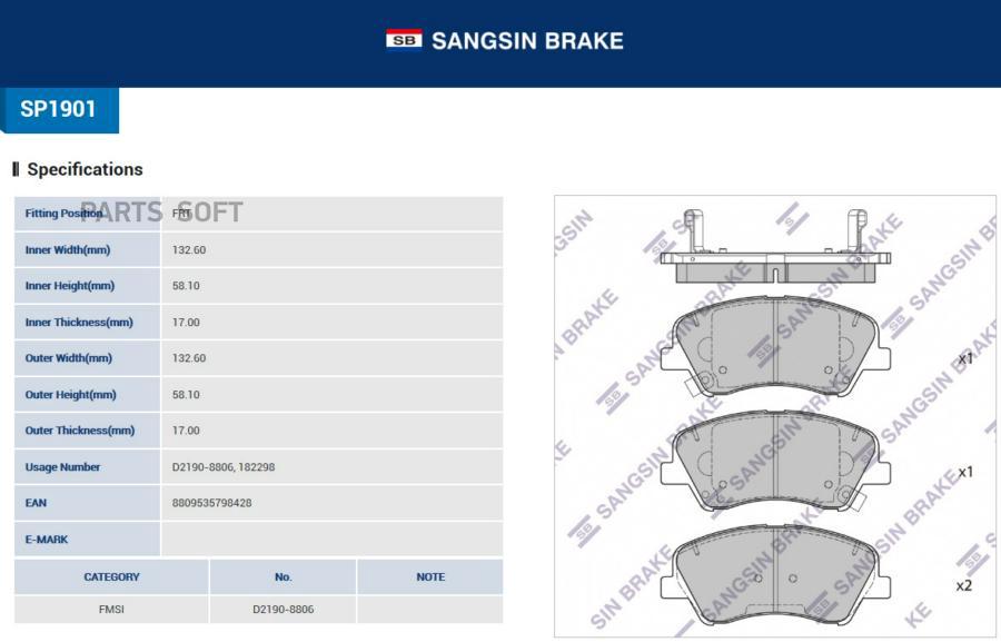 

Тормозные колодки Sangsin brake передние дисковые SP1901