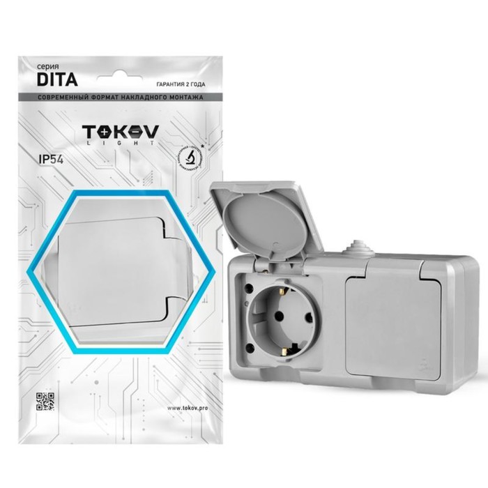 фото Розетка tokov electric, dita, 2-м, 16а, ip54, 250в, с з/к, с кр, серый,