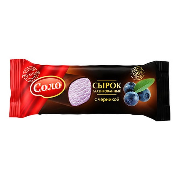 

Сырок соло глазирован бзмж с черникой жир. 16,5 % 40 г ф/пак молоко россия