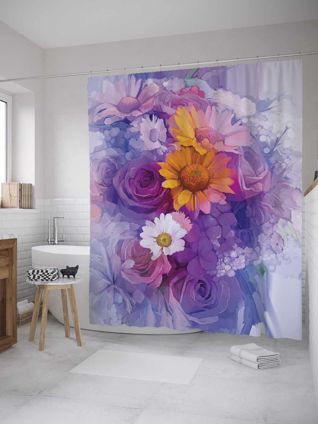 

Штора (занавеска) для ванной JoyArty "Цветочная гармония" из сатена, 180х200 см с крючками, Белый