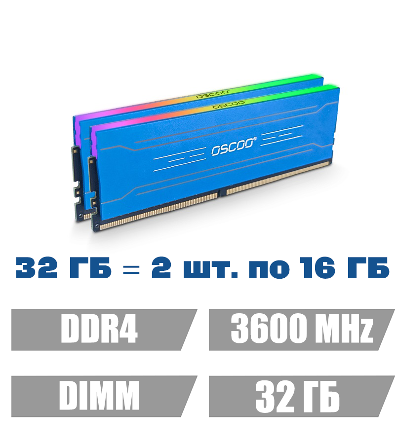 

Оперативная память OSCOO AURORA RGB (00-90013074), DDR4 2x16Gb, 3600MHz, AURORA RGB