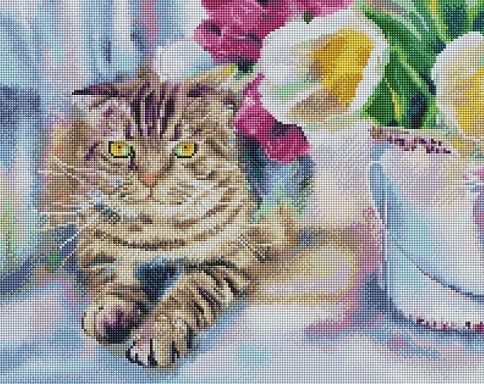 

Алмазная вышивка «Кот и тюльпаны»