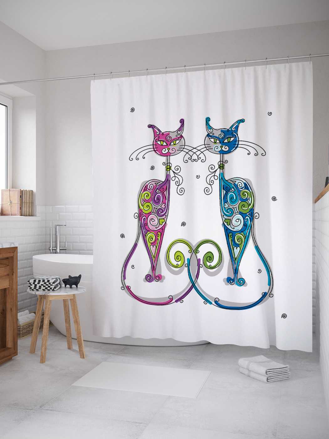 

Штора (занавеска) для ванной JoyArty "Кошачья комбинация" из сатена, 180х200 см с крючками, Белый