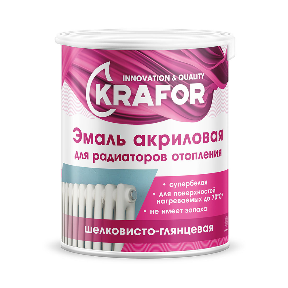 Эмаль для радиаторов отопления Krafor, акриловая, шелковисто-глянцевая, 1 кг, белая эмаль эксперт акриловая глянцевая база а 20с° 2 5 кг