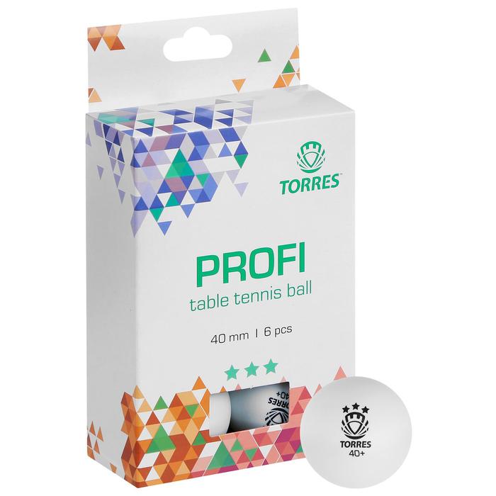 Мяч для настольного тенниса Torres Profi, 3 звезды,40 мм, набор 6 шт., цвет белый