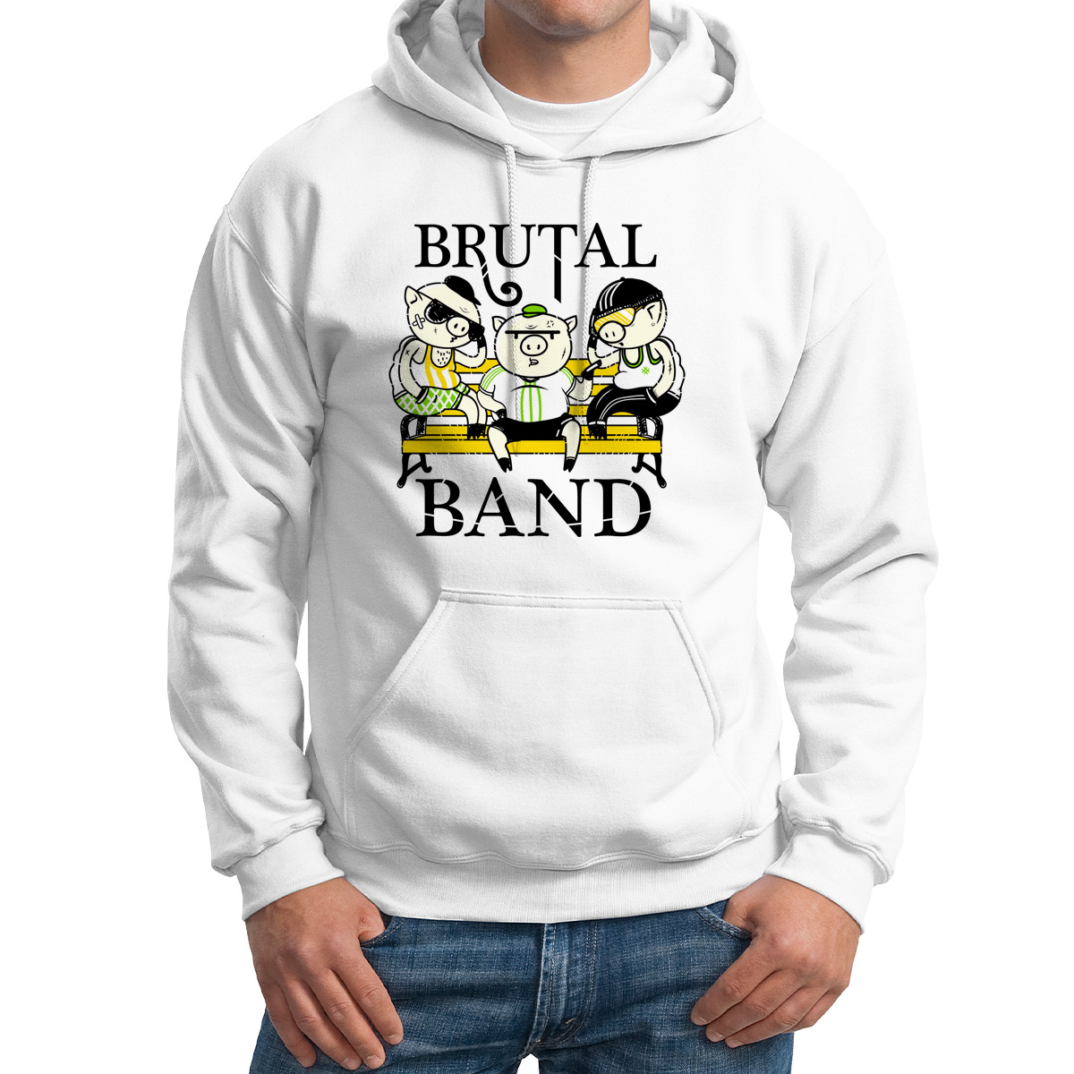 

Худи унисекс CoolPodarok Прикол Хрюшки brutal band белое 50 RU, Белый, M0151346