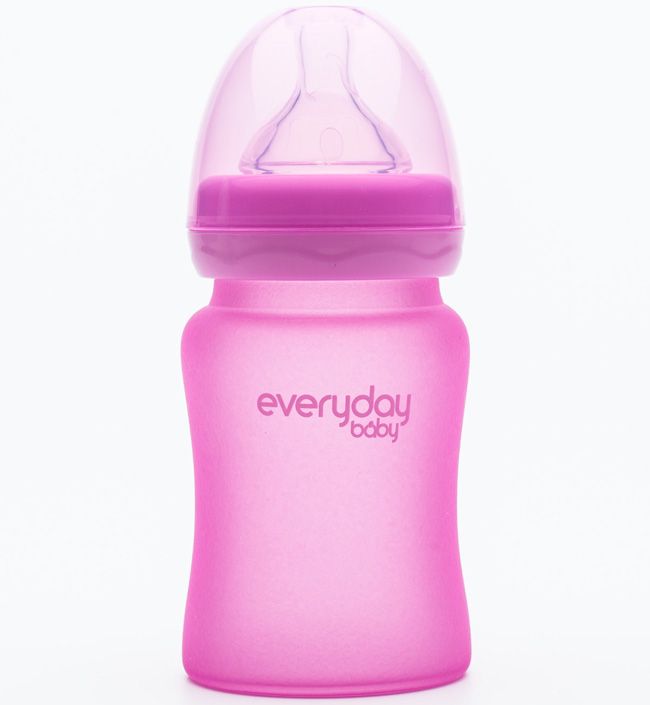 фото Бутылочка детская everyday baby стеклянная с индикатором температуры розовая 150 мл