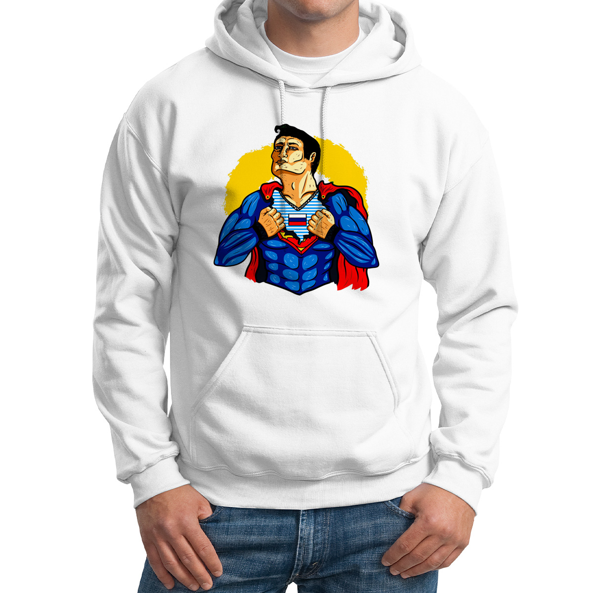 

Худи унисекс CoolPodarok Иллюстрация Русский супермен белое 50 RU, Белый, M0151469