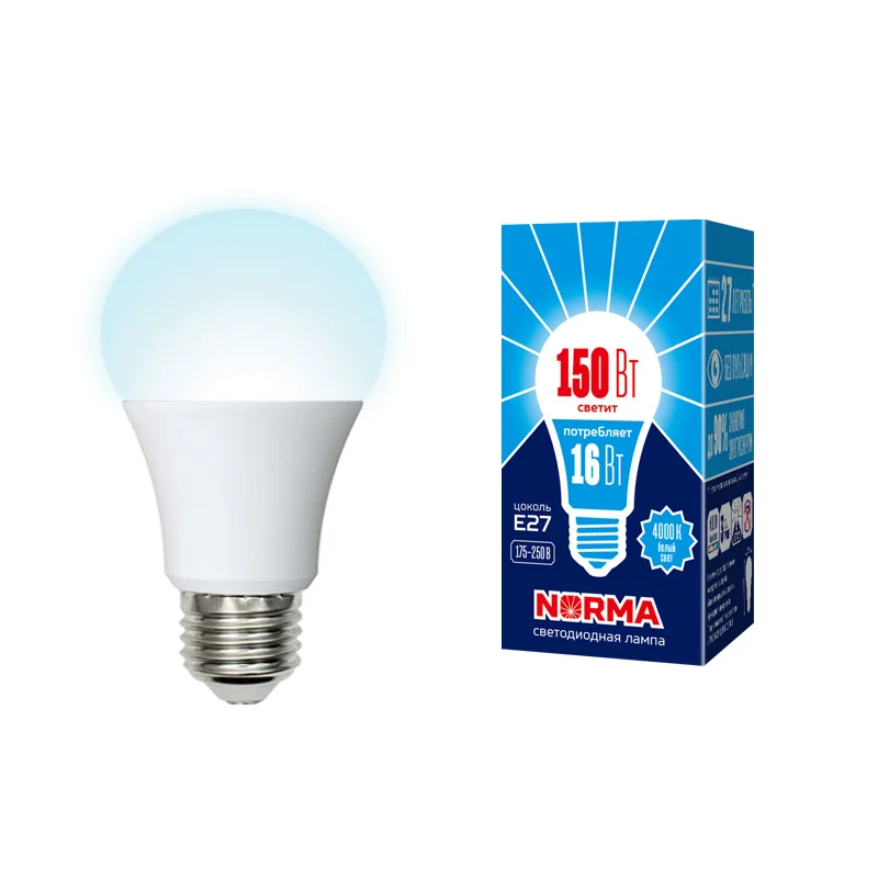 

Лампа светодиодная 16W E27 220V 4000К NW (белый) Шар матовый (A60) Volpe Norma