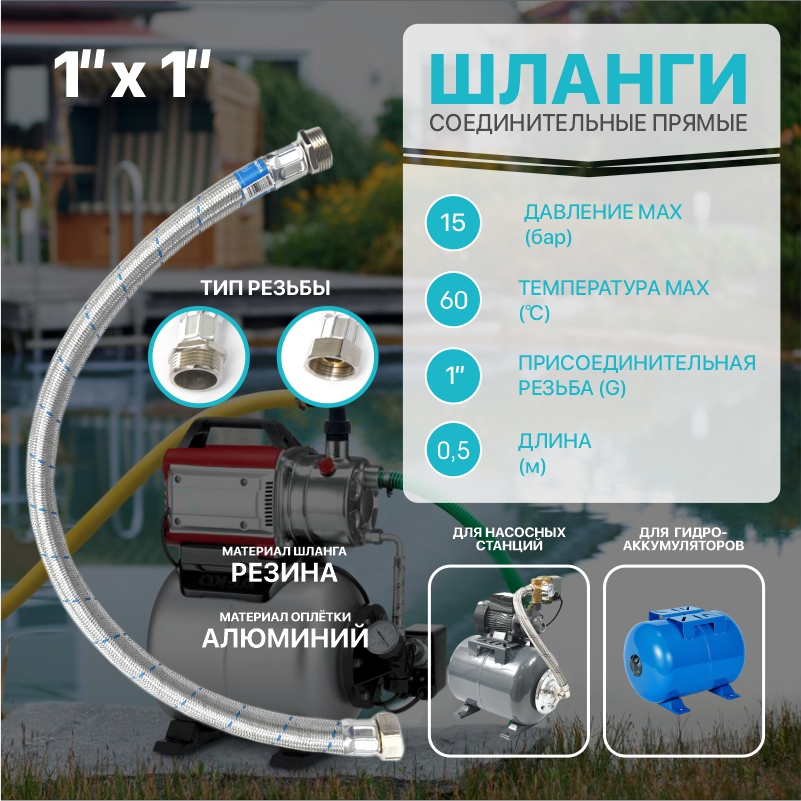 фото Шланг соединительный thermofix прямой для насосной станции 0.5 м (1/0"х1/0" г/ш)