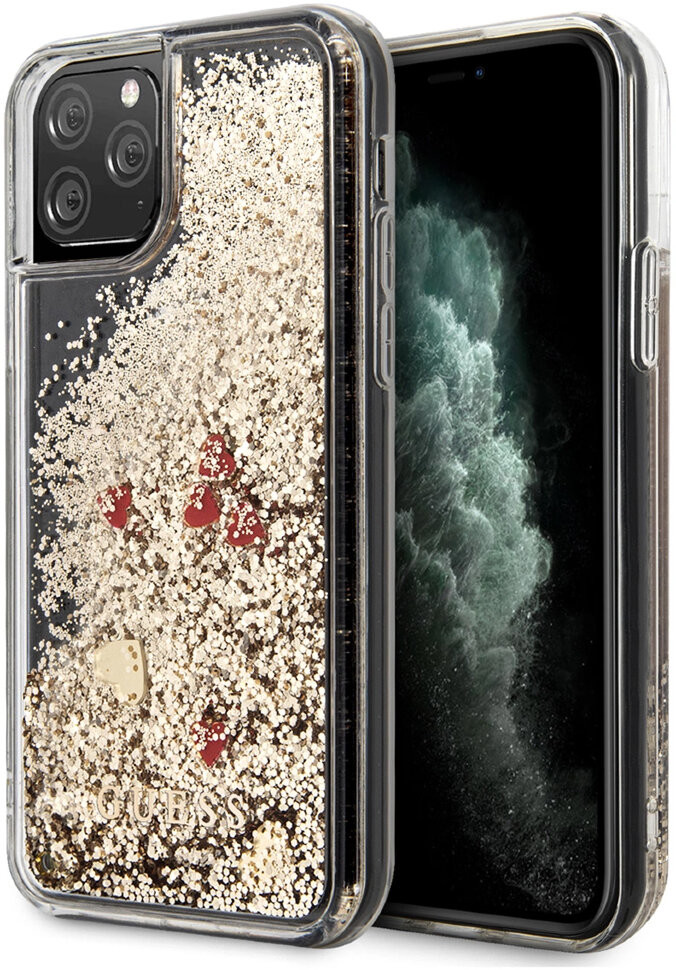 фото Чехол cg mobile guess liquid glitter floating hearts hard для iphone 11 pro, золотой