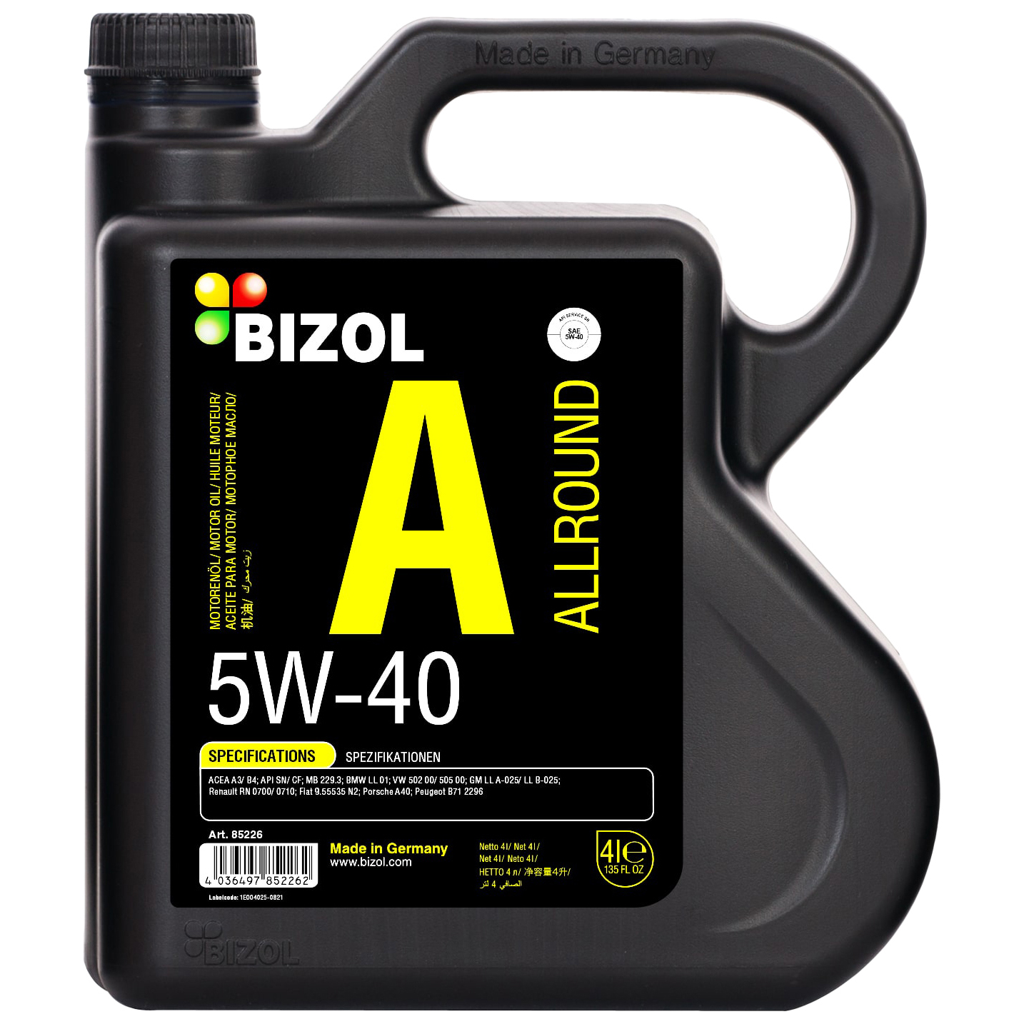 Моторное масло BIZOL Allround ACEA A3/B4 API SN/CF синтетическое 5W40 4л