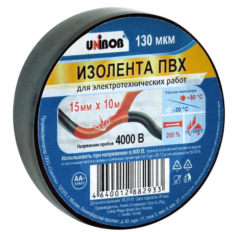 Изолента UNIBOB 15мм х 10 м, черная, 130 мкн, 976250 изолента skrab пвх красная 15мм х 10м 85515