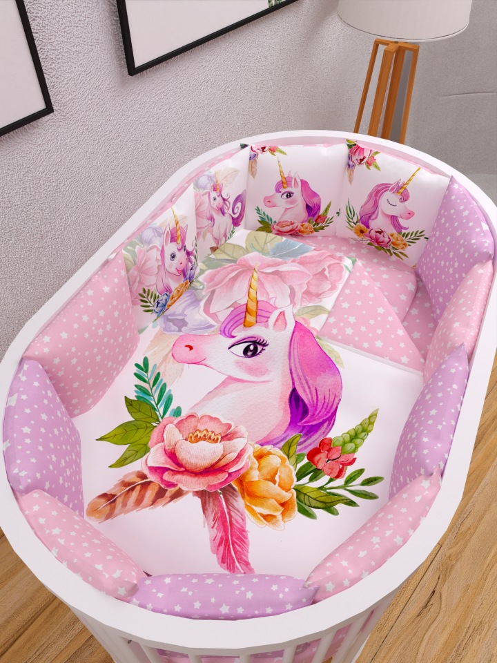 фото Комплект в кроватку 17 предметов: 5+12 подушек (бортиков) amarobaby unicorn dream, розовый