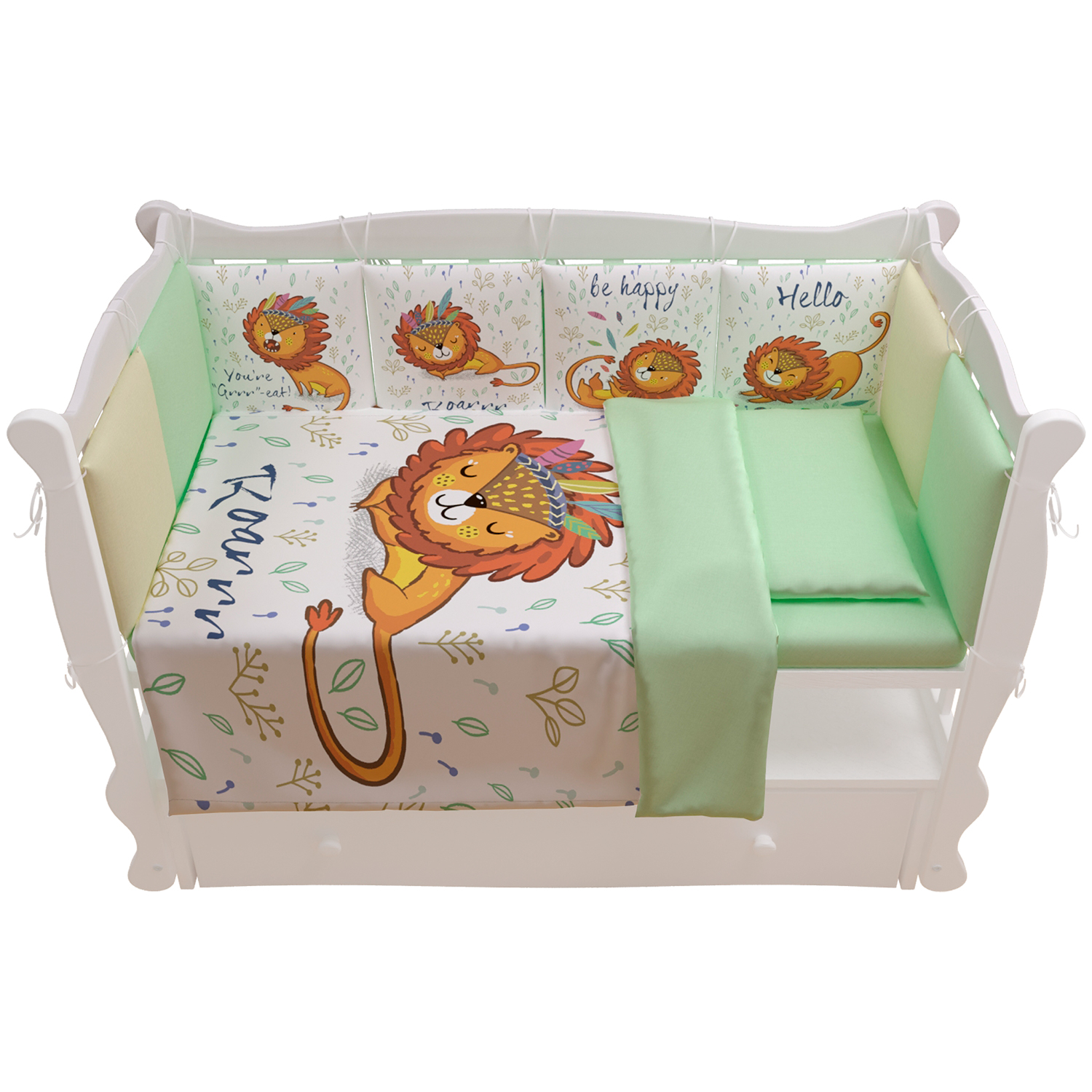 фото Комплект в кроватку 17 предметов: 5+12 подушек (бортиков) amarobaby baby lion, салатовый