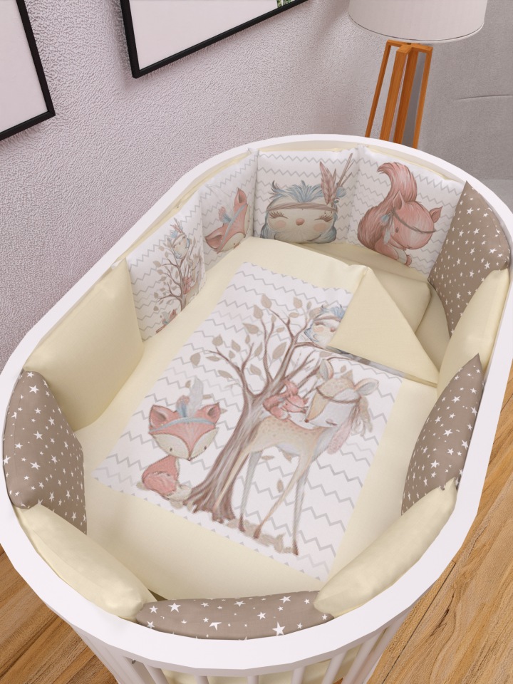 фото Комплект в кроватку 17 предметов: 5+12 подушек-бортиков amarobaby forest friends, бежевый